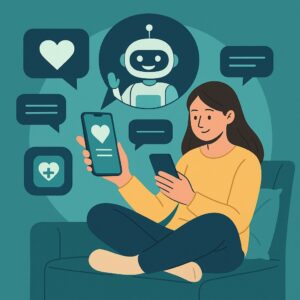 Ilustração de chatbot terapêutico oferecendo apoio emocional