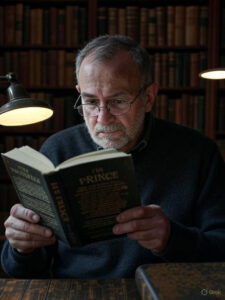 Capa de El Príncipe de Maquiavelo em uma biblioteca antiga