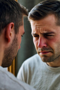 Homem refletindo sobre saúde mental, representando o TPB masculino